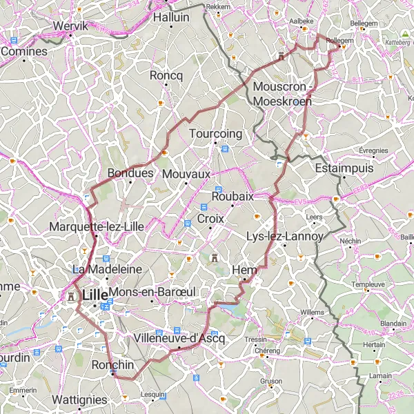 Karten-Miniaturansicht der Radinspiration "Gravelroute von Rollegem nach Ronchin" in Prov. West-Vlaanderen, Belgium. Erstellt vom Tarmacs.app-Routenplaner für Radtouren