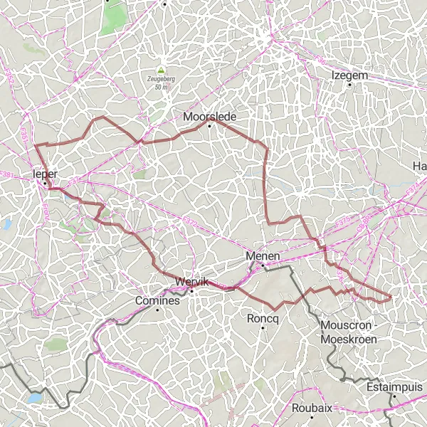 Karten-Miniaturansicht der Radinspiration "Gravelroute von Rollegem nach Lauwe" in Prov. West-Vlaanderen, Belgium. Erstellt vom Tarmacs.app-Routenplaner für Radtouren