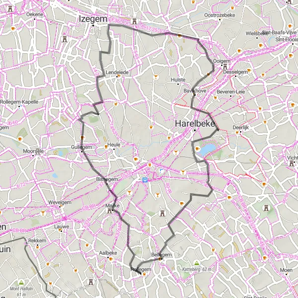 Map miniature of "Leie River Loop" cycling inspiration in Prov. West-Vlaanderen, Belgium. Generated by Tarmacs.app cycling route planner