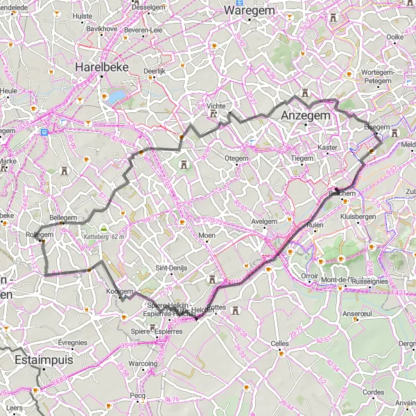 Map miniature of "Rolling Hills and Picturesque Villages" cycling inspiration in Prov. West-Vlaanderen, Belgium. Generated by Tarmacs.app cycling route planner