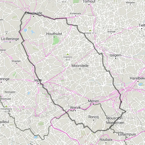 Miniature de la carte de l'inspiration cycliste "Sur les Traces des Conquérants" dans la Prov. West-Vlaanderen, Belgium. Générée par le planificateur d'itinéraire cycliste Tarmacs.app