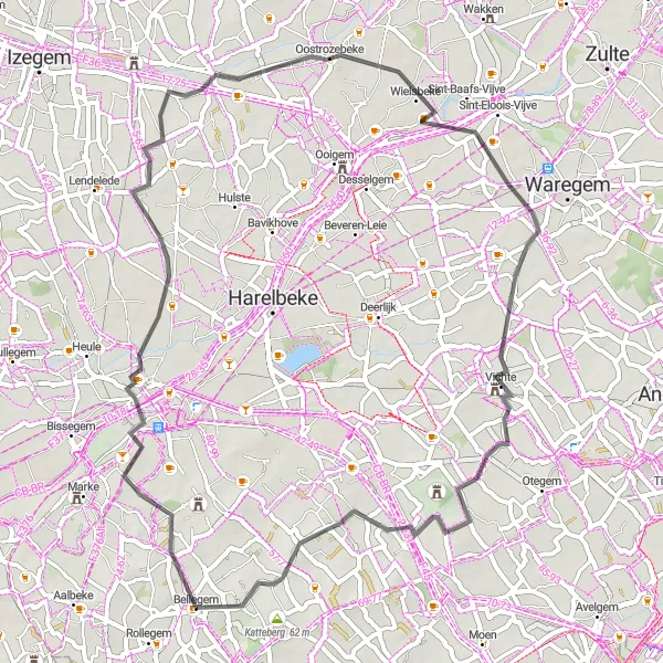 Karten-Miniaturansicht der Radinspiration "Bellegem und Umgebung" in Prov. West-Vlaanderen, Belgium. Erstellt vom Tarmacs.app-Routenplaner für Radtouren