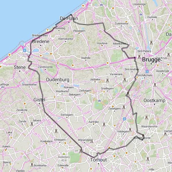 Map miniature of "The Castle Tour" cycling inspiration in Prov. West-Vlaanderen, Belgium. Generated by Tarmacs.app cycling route planner