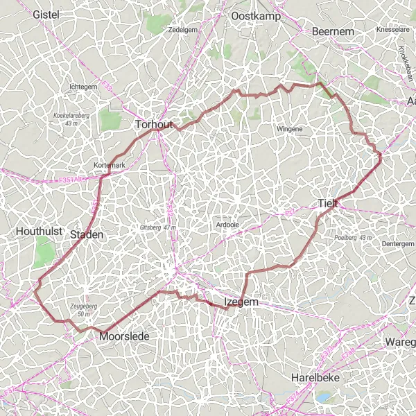 Miniatuurkaart van de fietsinspiratie "Gravelavontuur door het Vlaamse platteland" in Prov. West-Vlaanderen, Belgium. Gemaakt door de Tarmacs.app fietsrouteplanner