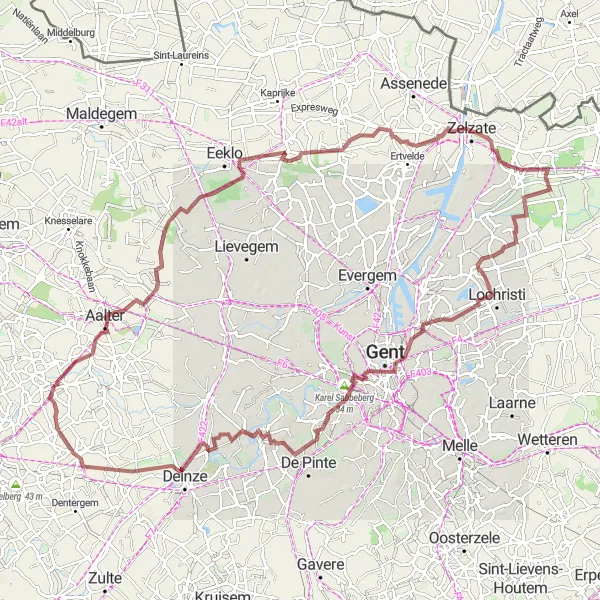 Karten-Miniaturansicht der Radinspiration "Gravel-Tour durch Aalter und Umgebung" in Prov. West-Vlaanderen, Belgium. Erstellt vom Tarmacs.app-Routenplaner für Radtouren