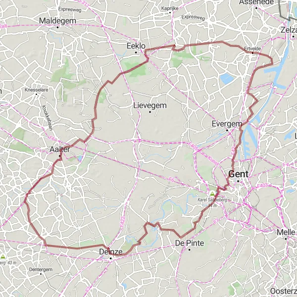 Map miniature of "Aalter to Aarsele via Oostwinkel and Sint-Martens-Leerne" cycling inspiration in Prov. West-Vlaanderen, Belgium. Generated by Tarmacs.app cycling route planner