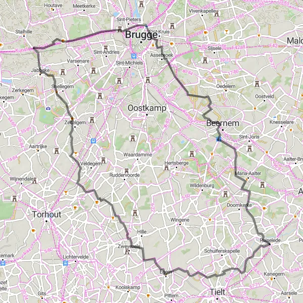 Karten-Miniaturansicht der Radinspiration "Ruiselede - Beernem - Ruiselede" in Prov. West-Vlaanderen, Belgium. Erstellt vom Tarmacs.app-Routenplaner für Radtouren