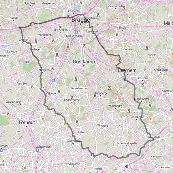 Map miniature of "Country Roads of West-Vlaanderen" cycling inspiration in Prov. West-Vlaanderen, Belgium. Generated by Tarmacs.app cycling route planner