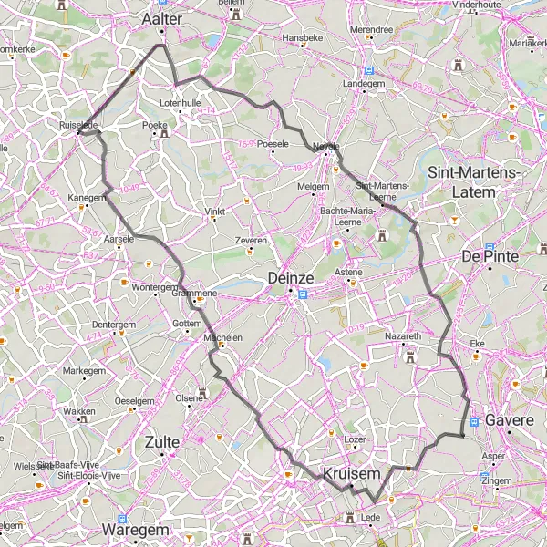Map miniature of "Aalter to Ruiselede via Sint-Martens-Leerne and Grammene" cycling inspiration in Prov. West-Vlaanderen, Belgium. Generated by Tarmacs.app cycling route planner