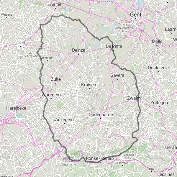 Map miniature of "Ruiselede to Kluisberg - Mont de l'Enclus via Sint-Martens-Leerne and Pottelberg" cycling inspiration in Prov. West-Vlaanderen, Belgium. Generated by Tarmacs.app cycling route planner