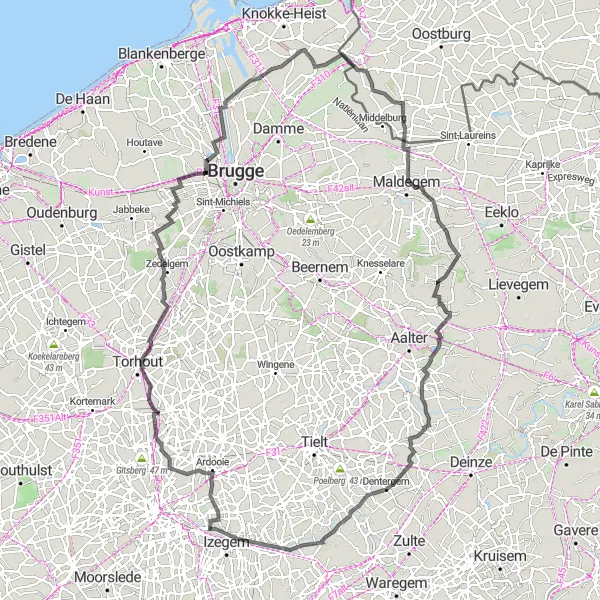 Map miniature of "Rumbeke to Kachtem and Beyond" cycling inspiration in Prov. West-Vlaanderen, Belgium. Generated by Tarmacs.app cycling route planner