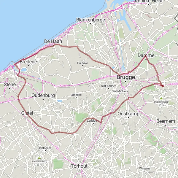 Miniature de la carte de l'inspiration cycliste "Découverte de Damme et Snaaskerke" dans la Prov. West-Vlaanderen, Belgium. Générée par le planificateur d'itinéraire cycliste Tarmacs.app