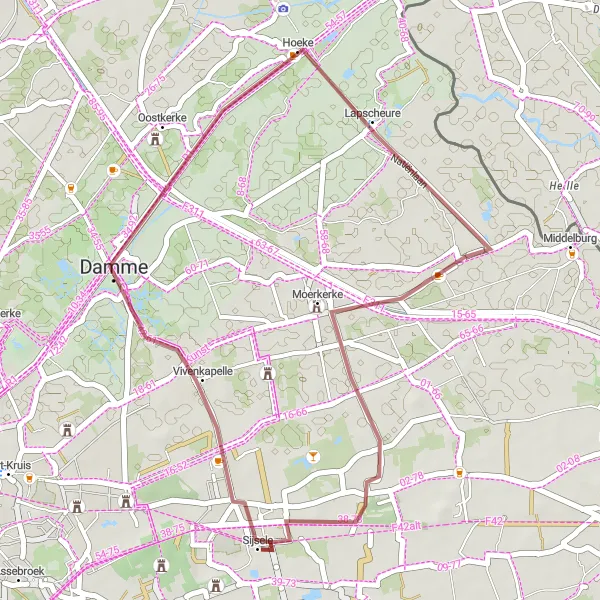 Map miniature of "Damme Gravel Loop" cycling inspiration in Prov. West-Vlaanderen, Belgium. Generated by Tarmacs.app cycling route planner