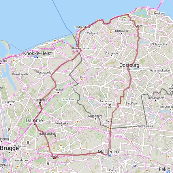 Miniature de la carte de l'inspiration cycliste "Tour de Retranchement et Scherpbier" dans la Prov. West-Vlaanderen, Belgium. Générée par le planificateur d'itinéraire cycliste Tarmacs.app