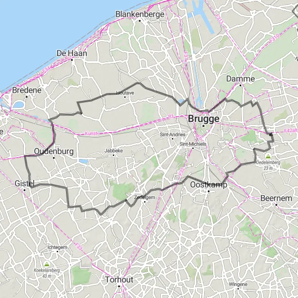 Karten-Miniaturansicht der Radinspiration "Historische Landschaften zwischen Loppem und Vivenkapelle" in Prov. West-Vlaanderen, Belgium. Erstellt vom Tarmacs.app-Routenplaner für Radtouren