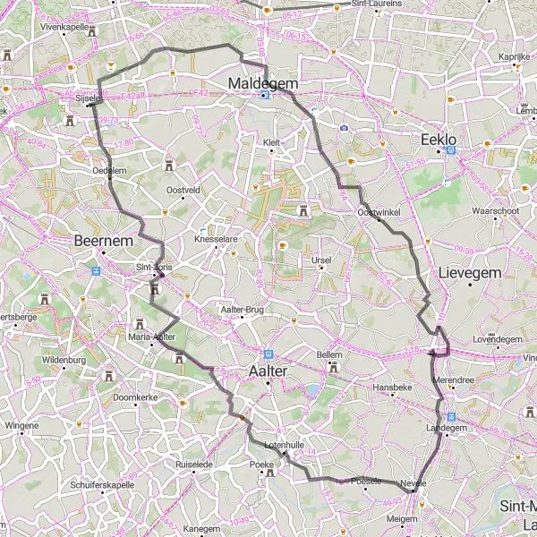 Karten-Miniaturansicht der Radinspiration "Kultur- und Naturerlebnis in Nevele und Oostwinkel" in Prov. West-Vlaanderen, Belgium. Erstellt vom Tarmacs.app-Routenplaner für Radtouren