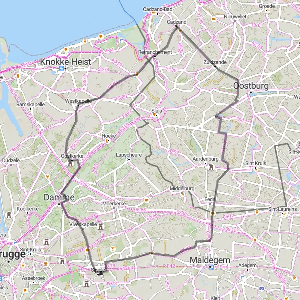 Miniature de la carte de l'inspiration cycliste "Les charmes de Westkapelle et Donk" dans la Prov. West-Vlaanderen, Belgium. Générée par le planificateur d'itinéraire cycliste Tarmacs.app