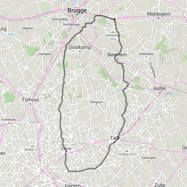 Map miniature of "Oedelem Summer Ride" cycling inspiration in Prov. West-Vlaanderen, Belgium. Generated by Tarmacs.app cycling route planner