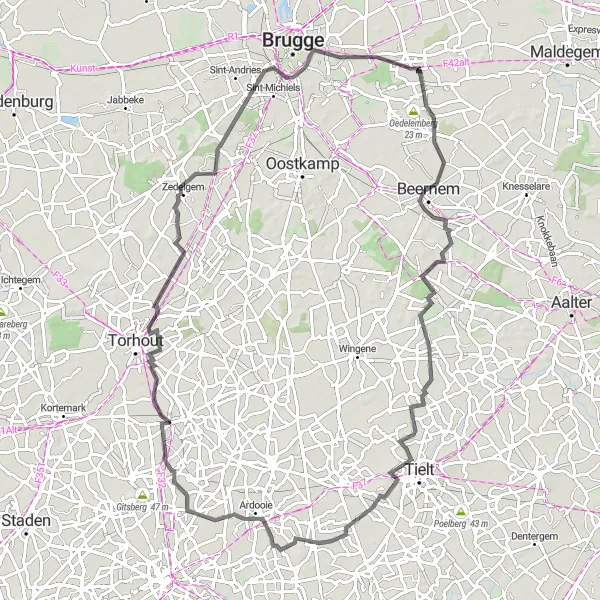 Miniature de la carte de l'inspiration cycliste "Aventure historique en Flandre" dans la Prov. West-Vlaanderen, Belgium. Générée par le planificateur d'itinéraire cycliste Tarmacs.app