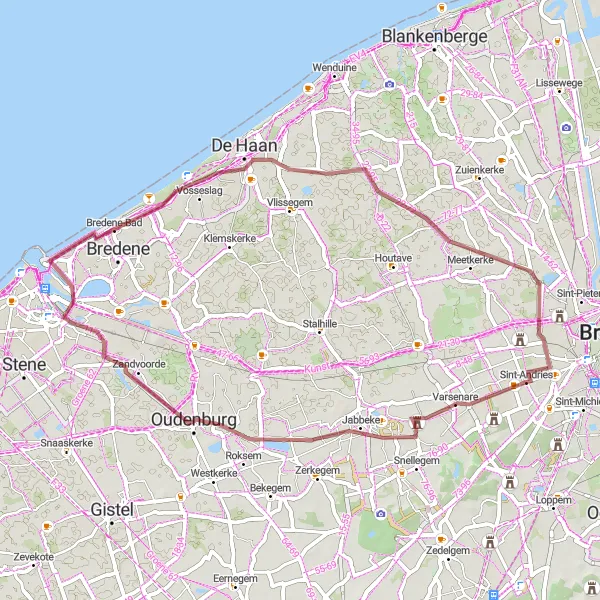 Karten-Miniaturansicht der Radinspiration "Naturschöne Gravel-Fahrradroute ab Sint-Andries" in Prov. West-Vlaanderen, Belgium. Erstellt vom Tarmacs.app-Routenplaner für Radtouren