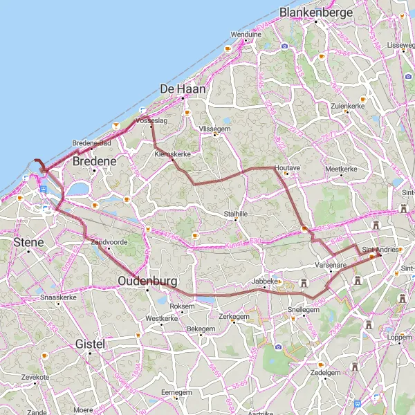 Miniatuurkaart van de fietsinspiratie "Graveltocht langs historische bezienswaardigheden" in Prov. West-Vlaanderen, Belgium. Gemaakt door de Tarmacs.app fietsrouteplanner