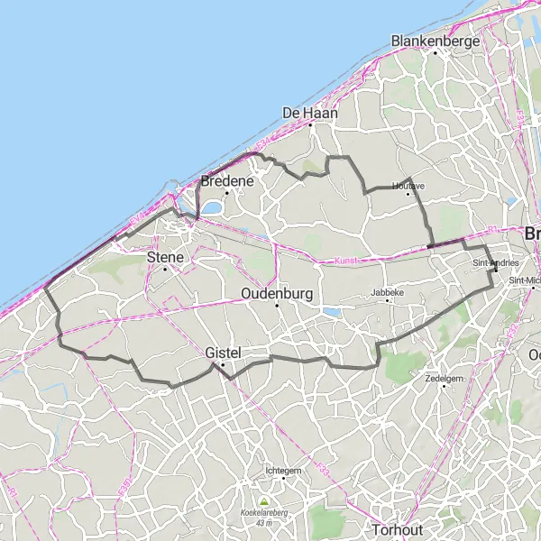 Map miniature of "Roads Less Traveled" cycling inspiration in Prov. West-Vlaanderen, Belgium. Generated by Tarmacs.app cycling route planner