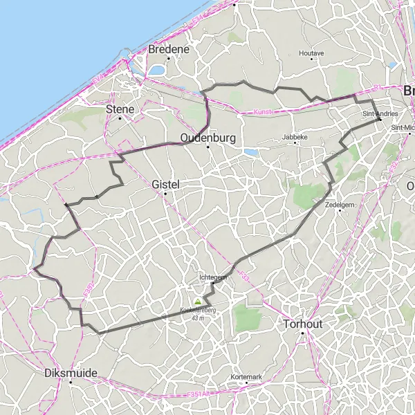 Miniatuurkaart van de fietsinspiratie "Heuvelachtige Fietsroute door West-Vlaanderen" in Prov. West-Vlaanderen, Belgium. Gemaakt door de Tarmacs.app fietsrouteplanner