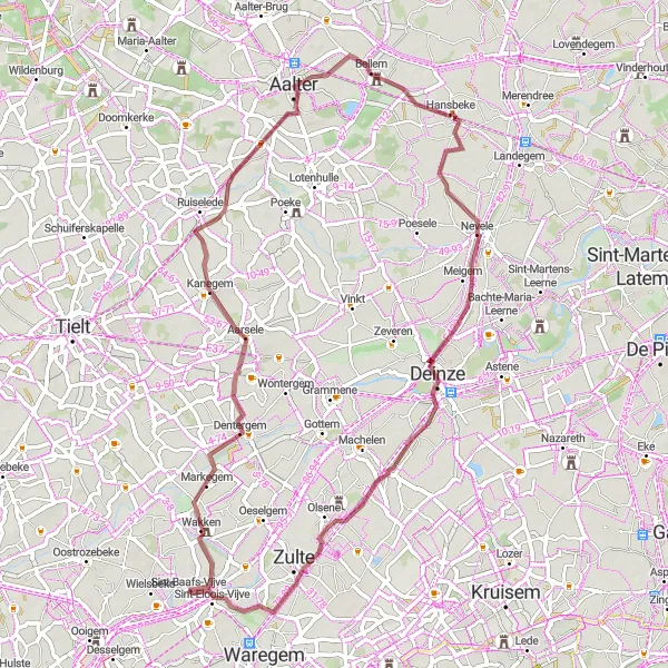 Miniatuurkaart van de fietsinspiratie "Gravelroute via Aarsele en Sint-Eloois-Vijve" in Prov. West-Vlaanderen, Belgium. Gemaakt door de Tarmacs.app fietsrouteplanner