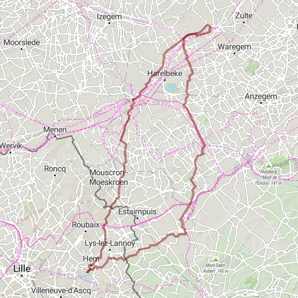 Miniatuurkaart van de fietsinspiratie "Gravelroute naar Néchin en Luingne" in Prov. West-Vlaanderen, Belgium. Gemaakt door de Tarmacs.app fietsrouteplanner