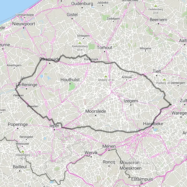 Miniature de la carte de l'inspiration cycliste "Aventure cycliste entre Sint-Baafs-Vijve et Kortemark" dans la Prov. West-Vlaanderen, Belgium. Générée par le planificateur d'itinéraire cycliste Tarmacs.app