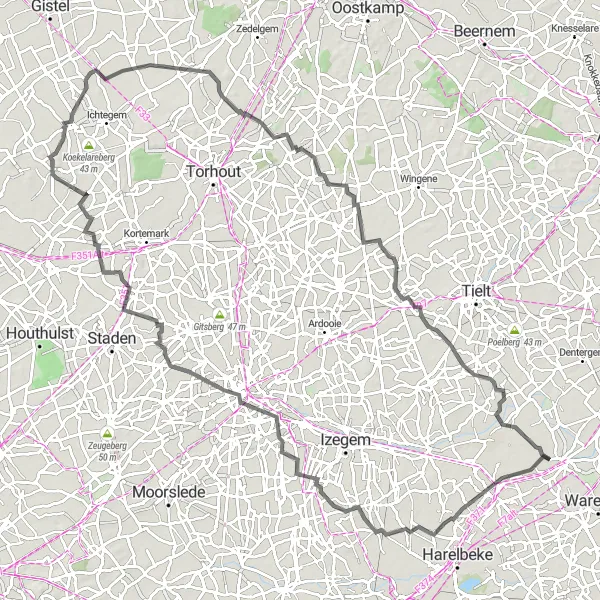 Miniature de la carte de l'inspiration cycliste "Aventure en route de Sint-Baafs-Vijve à Egem" dans la Prov. West-Vlaanderen, Belgium. Générée par le planificateur d'itinéraire cycliste Tarmacs.app