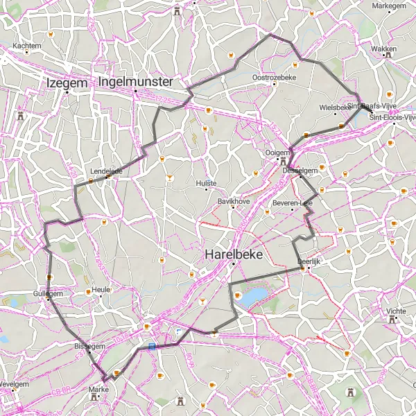 Miniature de la carte de l'inspiration cycliste "Boucle pittoresque de Sint-Baafs-Vijve à Lendelede" dans la Prov. West-Vlaanderen, Belgium. Générée par le planificateur d'itinéraire cycliste Tarmacs.app
