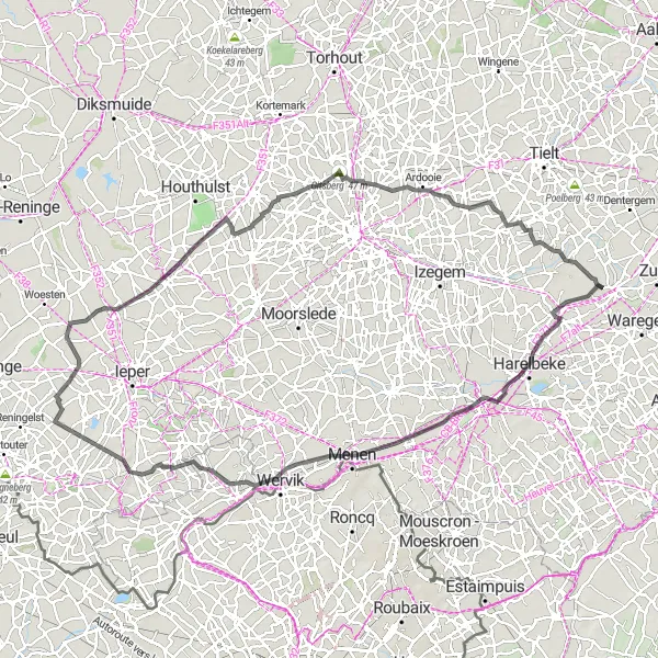Miniatuurkaart van de fietsinspiratie "Wegroute richting Ardooie" in Prov. West-Vlaanderen, Belgium. Gemaakt door de Tarmacs.app fietsrouteplanner