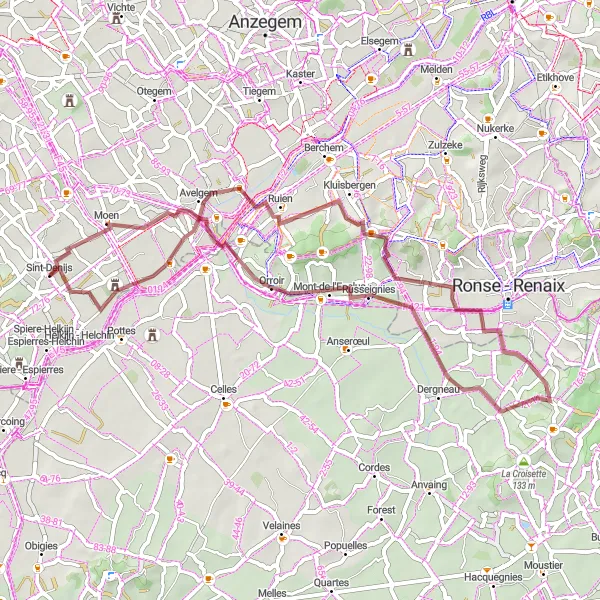 Miniature de la carte de l'inspiration cycliste "Aventure dans les Ardennes Flamandes" dans la Prov. West-Vlaanderen, Belgium. Générée par le planificateur d'itinéraire cycliste Tarmacs.app