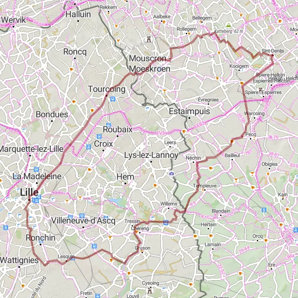 Map miniature of "The Estaimbourg - Mouscron Gravel Loop" cycling inspiration in Prov. West-Vlaanderen, Belgium. Generated by Tarmacs.app cycling route planner