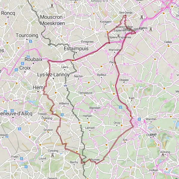 Miniatuurkaart van de fietsinspiratie "Gravelroute Helkijn - Saint-Léger" in Prov. West-Vlaanderen, Belgium. Gemaakt door de Tarmacs.app fietsrouteplanner