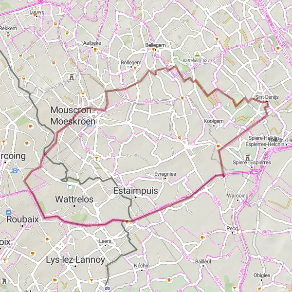 Map miniature of "Scenic Gravel Ride: Saint-Léger Circuit" cycling inspiration in Prov. West-Vlaanderen, Belgium. Generated by Tarmacs.app cycling route planner