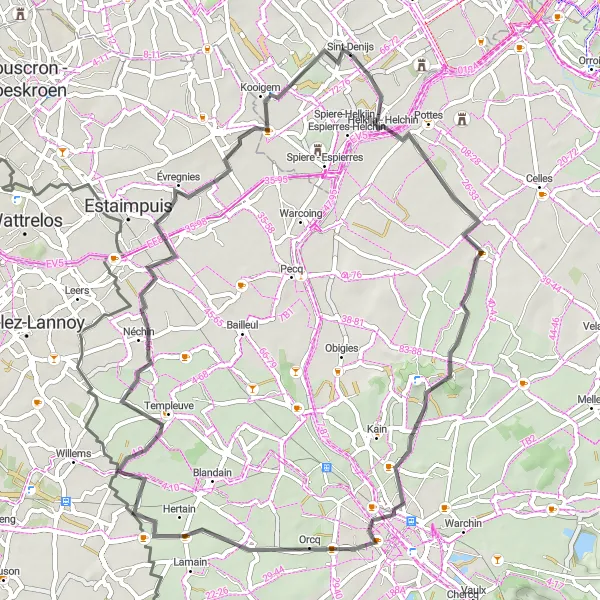Miniature de la carte de l'inspiration cycliste "La Boucle des Collines Flamandes" dans la Prov. West-Vlaanderen, Belgium. Générée par le planificateur d'itinéraire cycliste Tarmacs.app