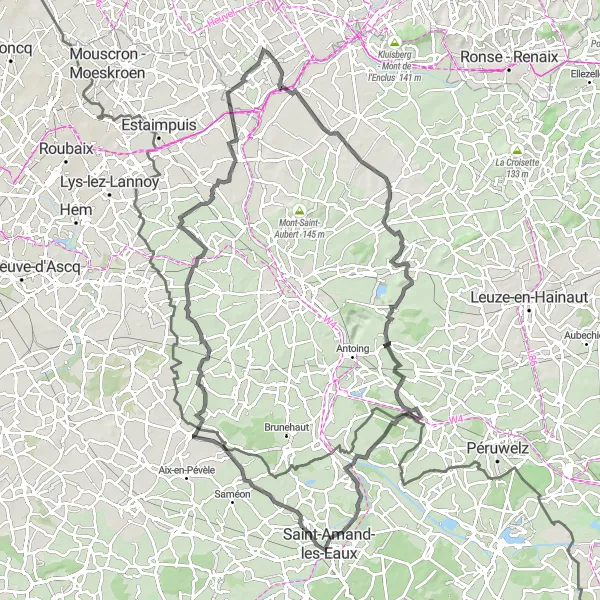 Map miniature of "Scenic Ride through Hainaut" cycling inspiration in Prov. West-Vlaanderen, Belgium. Generated by Tarmacs.app cycling route planner