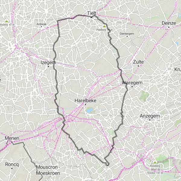Map miniature of "The Hills and Valleys of West Flanders" cycling inspiration in Prov. West-Vlaanderen, Belgium. Generated by Tarmacs.app cycling route planner
