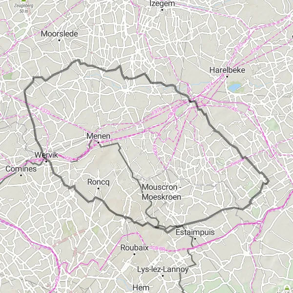 Map miniature of "The Dottignies - Kortrijk Road Loop" cycling inspiration in Prov. West-Vlaanderen, Belgium. Generated by Tarmacs.app cycling route planner