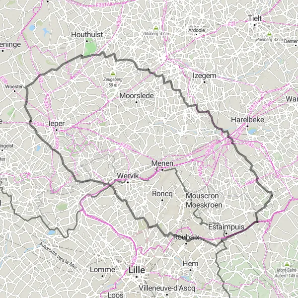 Miniature de la carte de l'inspiration cycliste "Les collines pittoresques de Flandre" dans la Prov. West-Vlaanderen, Belgium. Générée par le planificateur d'itinéraire cycliste Tarmacs.app