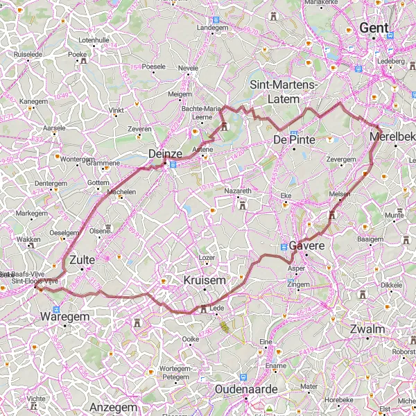 Map miniature of "Gravel Route: Deinze to Wannegem Challenge" cycling inspiration in Prov. West-Vlaanderen, Belgium. Generated by Tarmacs.app cycling route planner