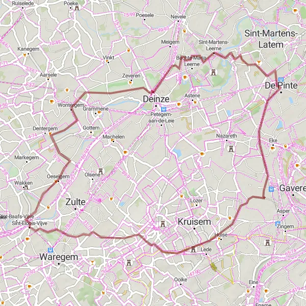 Map miniature of "Oeselgem and Sint-Martens-Leerne Gravel Adventure" cycling inspiration in Prov. West-Vlaanderen, Belgium. Generated by Tarmacs.app cycling route planner