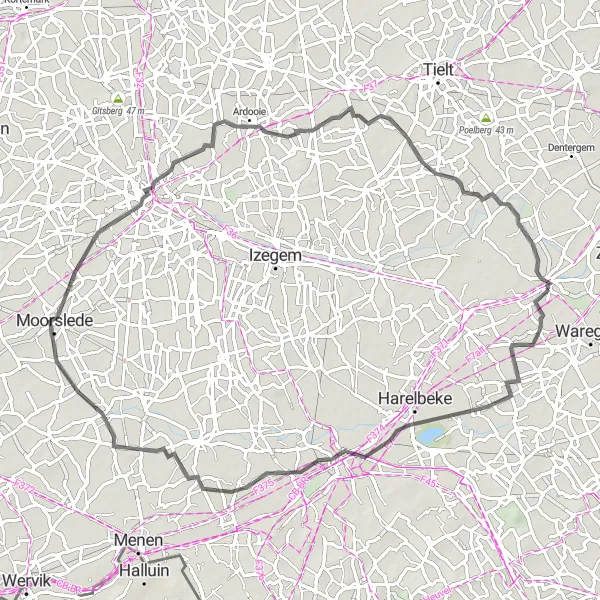 Map miniature of "Deerlijk and Ardooie Loop" cycling inspiration in Prov. West-Vlaanderen, Belgium. Generated by Tarmacs.app cycling route planner