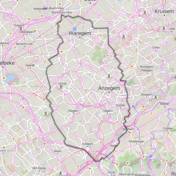 Miniatuurkaart van de fietsinspiratie "Tocht door Sint-Eloois-Vijve en Nieuwenhove" in Prov. West-Vlaanderen, Belgium. Gemaakt door de Tarmacs.app fietsrouteplanner