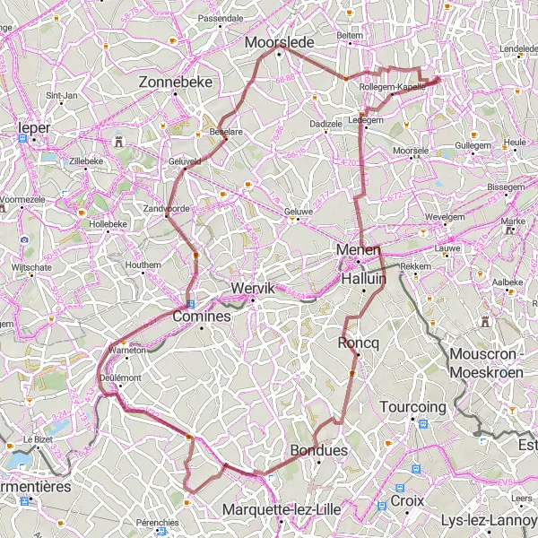 Miniatuurkaart van de fietsinspiratie "Gravelroute door Rollegem-Kapelle en Beselare" in Prov. West-Vlaanderen, Belgium. Gemaakt door de Tarmacs.app fietsrouteplanner