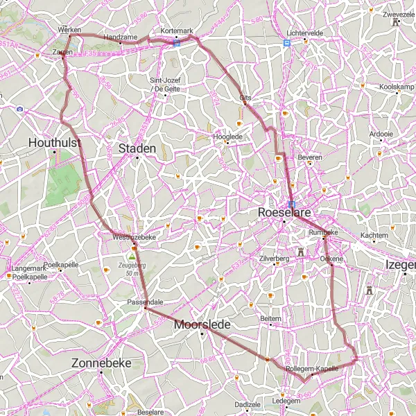 Map miniature of "Zeugeberg: Exploring the Gravel Trails of Moorslede" cycling inspiration in Prov. West-Vlaanderen, Belgium. Generated by Tarmacs.app cycling route planner