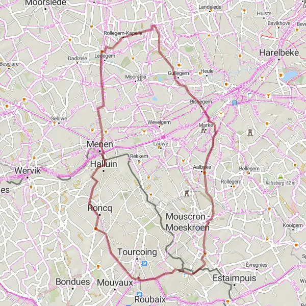 Map miniature of "Cycling Route Bissegem to Rollegem-Kapelle" cycling inspiration in Prov. West-Vlaanderen, Belgium. Generated by Tarmacs.app cycling route planner