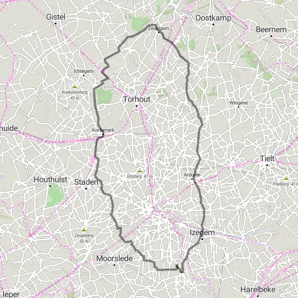 Miniatuurkaart van de fietsinspiratie "Historische Route van Sint-Eloois-Winkel naar Zedelgem" in Prov. West-Vlaanderen, Belgium. Gemaakt door de Tarmacs.app fietsrouteplanner